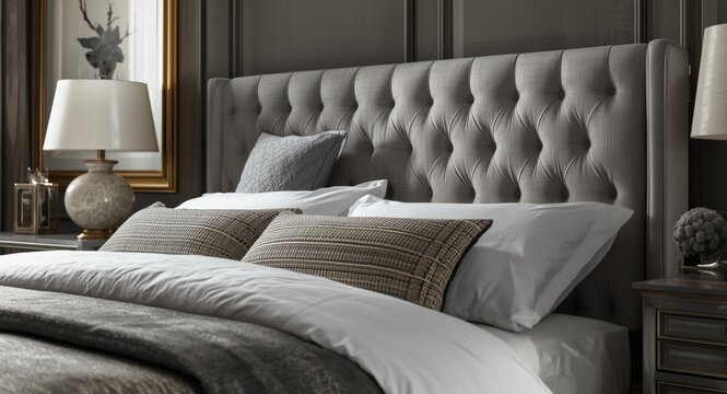 Classic bed with grey upholstered headboard and bedding set viewed from the side