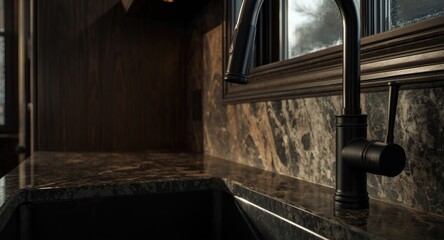 Close up on black faucet and dark wood kitchen cabinets with marble countertop and window backsplash