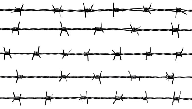 Barbed wire strands against a white background, forming horizontal rows, creating a sharp, dangerous, and textured look