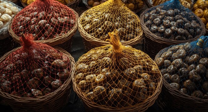 Colorful baskets showing edible land snails packaged in nets at market