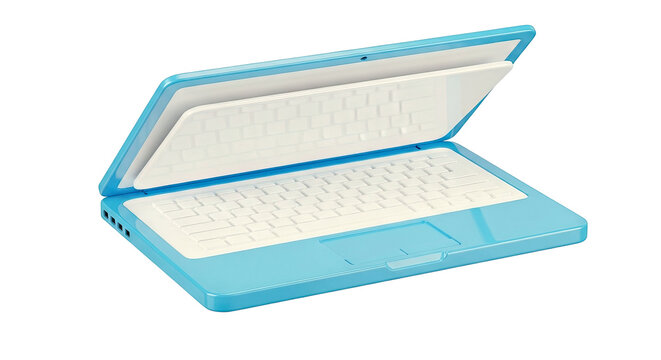 Blue and white laptop with open lid and visible keyboard