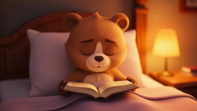 Animated teddy bear reading in bed under warm light ready for nighttime story concept for children