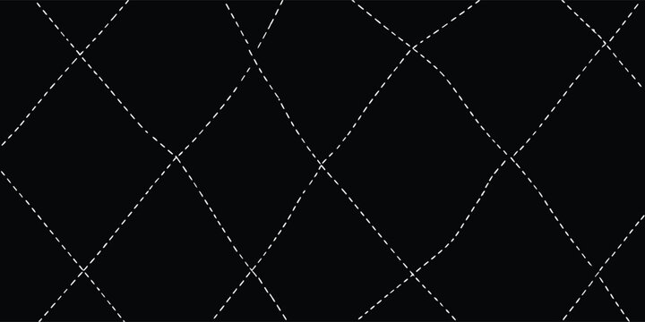 Minimal dashed diamond grid pattern on black background with stitched lines. Abstract geometric lattice texture with elegant repeating design. Modern dark backdrop for textile, wallpaper.