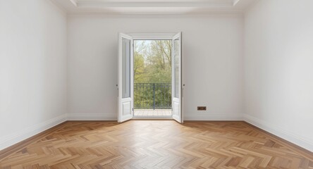 Fototapeta premium Bare room showing balcony door and elegant parquet flooring with natural wood finish