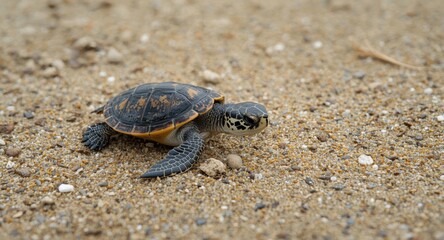 3D digital art of a baby sea turtle crawling on a natural sandy coastline for ecology and environmental education