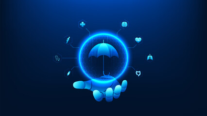 AI health insurance technology concept robotic hand projecting a protective umbrella hologram connected to medical icons, digital healthcare protection, AI risk management, smart insurance services © K illustrator Photo