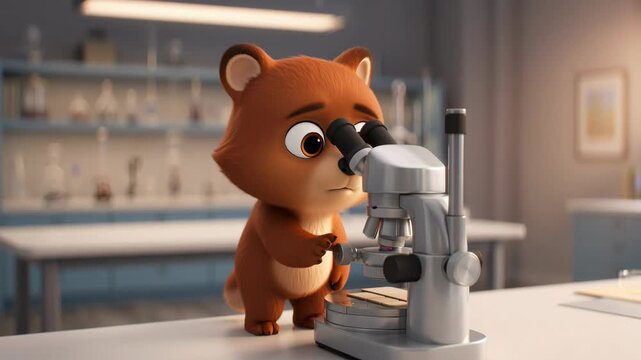 Cartoon bear examining a microscope in a lab setting furry animal scientist illustration educational animation for kids teaching science concepts