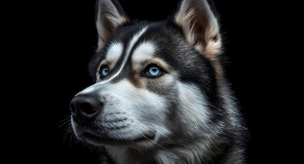 Fototapeta premium Close up of a Siberian Husky dog with blue eyes glancing right in front of a dark black background
