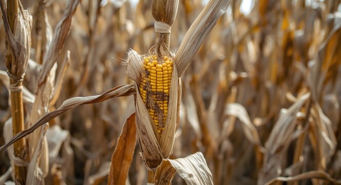 Corn stalks showing dehydration damage in dry farming conditions