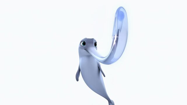 Cartoon dolphin with lens animation on white background shows clear vision and optometry solutions for improved eyesight