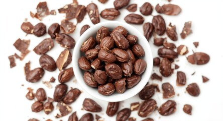 Obraz premium Bowl of dark chocolate macadamia nuts with surrounding chocolate fragments on pristine white background