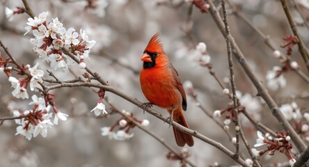 Obraz premium Bright male northern cardinal perched on a flowering tree branch in early spring