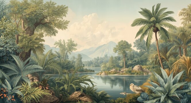 Botanical jungle mural with vintage tropical landscape and serene palm trees border