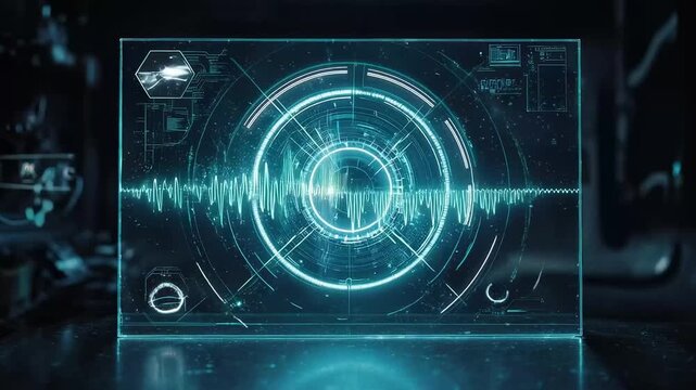 A transparent holographic panel shows a circular HUD with a pulsing waveform at its center, glowing cyan in a dark lab; rings, icons, and grid lines animate as data scans and targets update in real ti