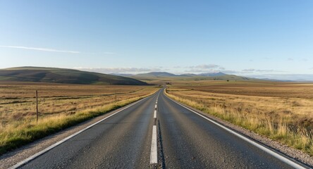 A calm road passing through an open field with gentle hills