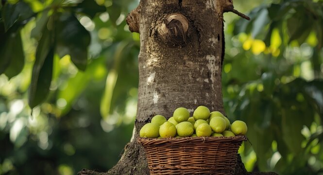 Annona Reticulate tree featuring basket with green medicinal Ramphal fruit in natural light