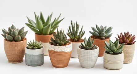 Obraz premium Assorted succulents arranged in ceramic pots on a clean white backdrop bringing natural charm to interiors