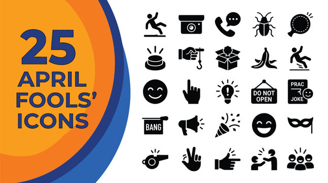 Twenty-five icons illustrating April Fools' Day pranks and humorous.