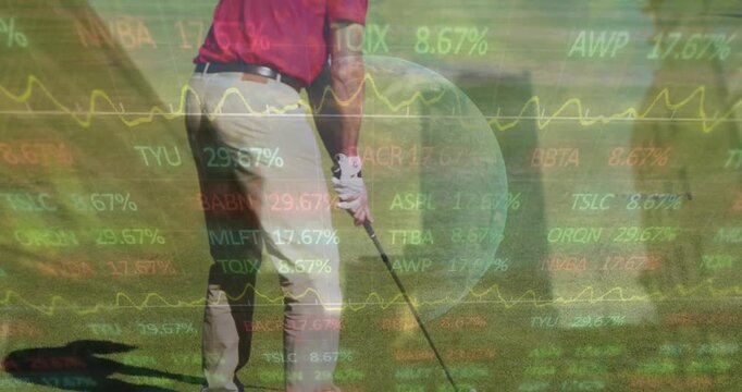 Animation of globe, statistics and data processing over male golf player with golf club and ball