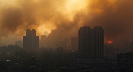 Fototapeta premium Buildings engulfed in heavy air pollution and toxic smoke layers