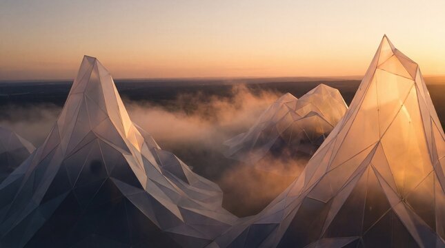 Surreal mountain range made of crumpled plastic waste against a golden sunset sky.