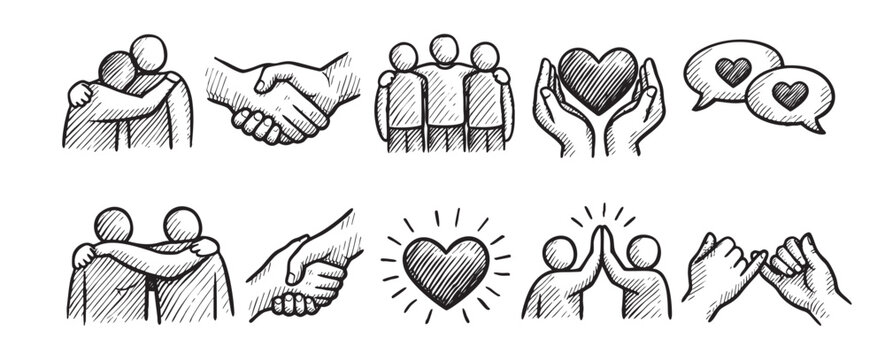 Hand-drawn vector illustration features friendship and love symbols like hugging, handshake, heart, High Five, Pinky Promise, ideal for social media and design projects.