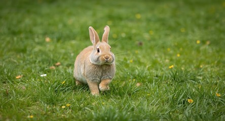 Obraz premium Delighted pet rabbit hopping actively on vibrant grass lawn with full length summer background