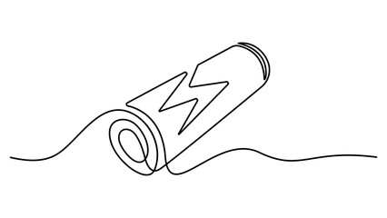 Obraz premium Charging battery icon continuous one line drawing with lightning bolt on white background. Continuous one line drawing of battery charging vector illustration