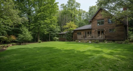 A serene green lawn complements the investment potential of a wooden house purchase