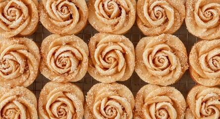 Fototapeta premium Artfully baked puff pastry roses dusted with fine sugar crystals for an elegant dessert showcase