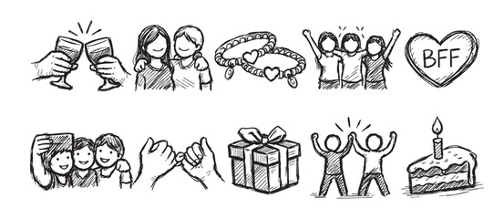 Obraz premium A hand-drawn style illustration depicts friendship icons like clinking glasses, hugging friends, matching bracelets, a group hug, and a cake slice, ideal for greeting cards.