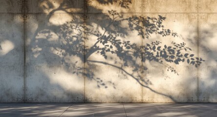 Fototapeta premium Copy space available on concrete wall adorned with intricate leaf and branch shadow silhouettes