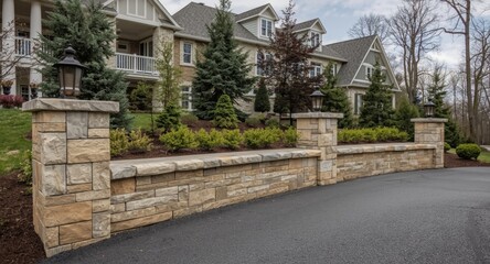 Obraz premium Elegant seat wall with natural stone coping and pillars defining a landscaped driveway