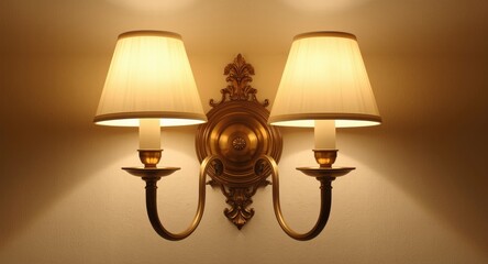 Antique brass wall sconce featuring twin illuminated lamps for classic traditional room decor