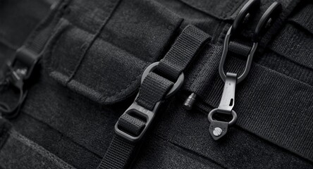 Black fabric harness with metal rings and plastic carabiners on tactical backpack closeup