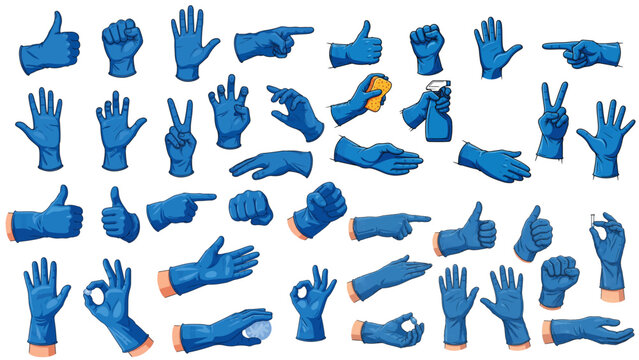 Blue rubber glove hand poses showing signs and working gestures for hygiene medical protection cleaning tasks professional service training guide.