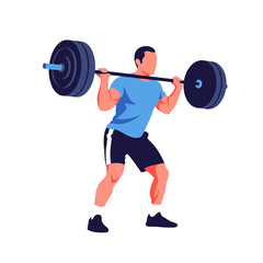 Man doing barbell squat, weightlifting, fitness, gym workout, strength training, healthy lifestyle