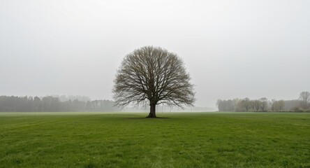 Obraz premium A solitary tree located centrally in an open field of green grass with distant trees