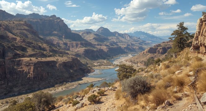 Dry river valley environment next to highland settlement