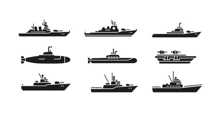 Various Naval Ships and Boats Silhouettes. © Roni