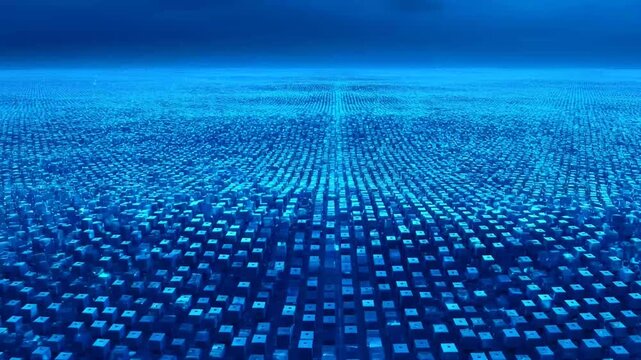 A stunning abstract visualization of data flowing in a vast, digital ocean of glowing blue cubes, stretching to the horizon