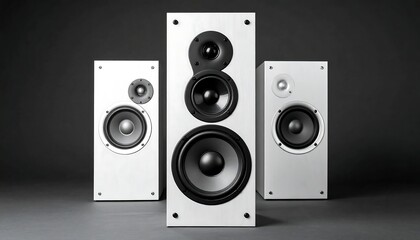 Obraz premium Three white speakers of varying sizes sit on a gray surface, set against a dark gray backdrop