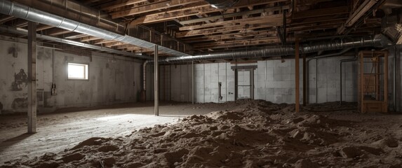 Fototapeta premium Crawl space below home illustrating ductwork and thermal insulation