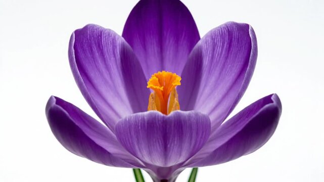 Time-lapse of a purple crocus flower blooming and opening against a bright white background