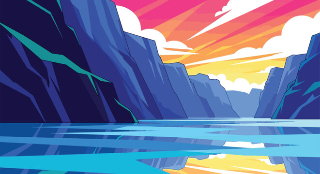 Vibrant sunset over serene water surrounded by majestic mountains and clouds.