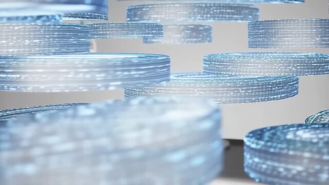 Semi-transparent blue data disks hover in staggered layers, each ring etched with faint matrix lines, creating a floating corridor that suggests digital storage, cloud tokens, and high-tech motion.