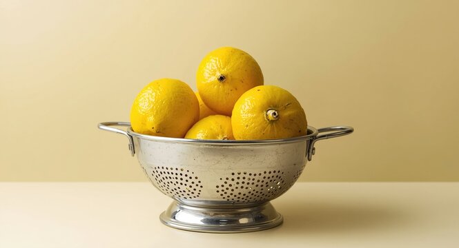Bright lemons arranged in a classic metal colander
