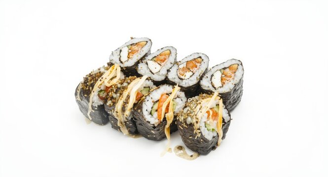 Appetite whetting sushi rolls displayed on bright white background