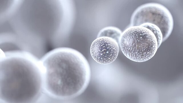 Soft, translucent spheres drift in a pale, foggy space, their frosted surfaces speckled with tiny textures, evoking microscopic cells or airy bubbles suspended in gentle, diffused light.