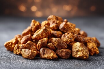 Fototapeta premium A close-up studio shot reveals a sparkling pile of gold nuggets on a textured surface, with soft bokeh lighting in the background, creating a treasure-like feeling.